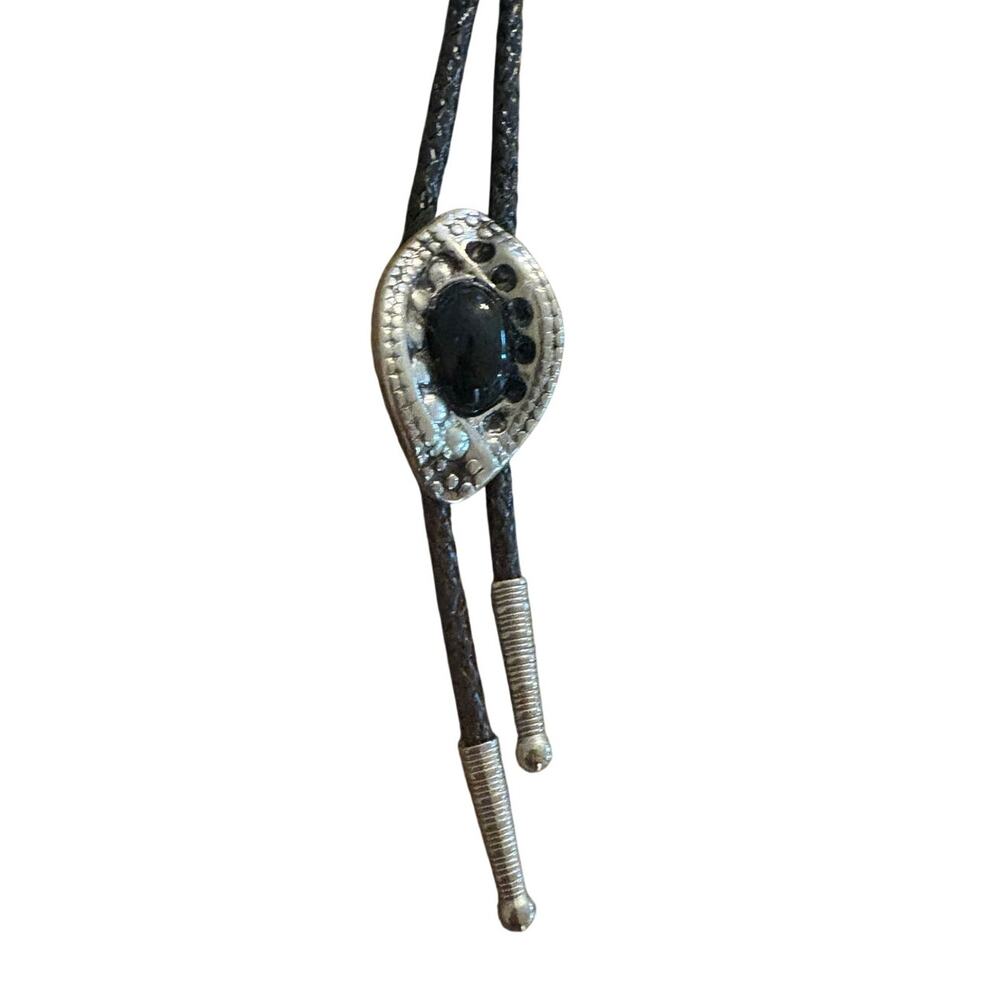Vintage Western Bolo Tie Silver Tone Teardrop Slide Black Stone Braided Cord